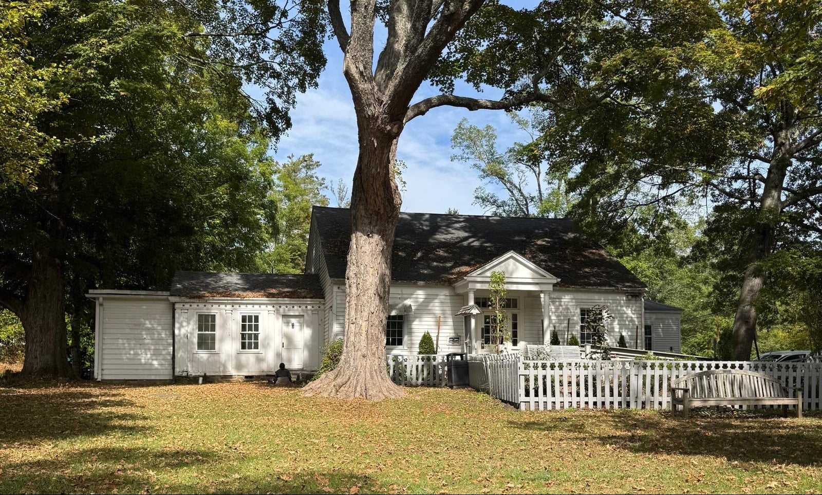 Woodstock house with a large tree in front on a sunny day